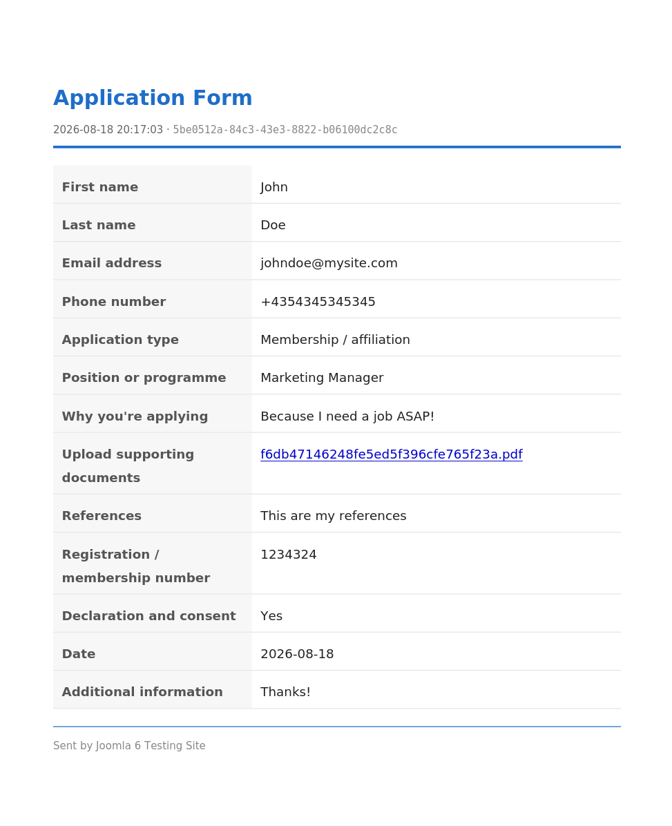 Generated submission PDF showing form title, submission date, a two-column field and value table and a linked upload