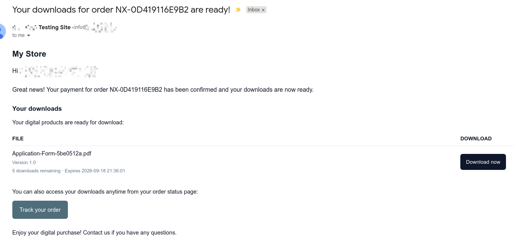 A customer order confirmation page listing download links with remaining downloads and an expiry date.