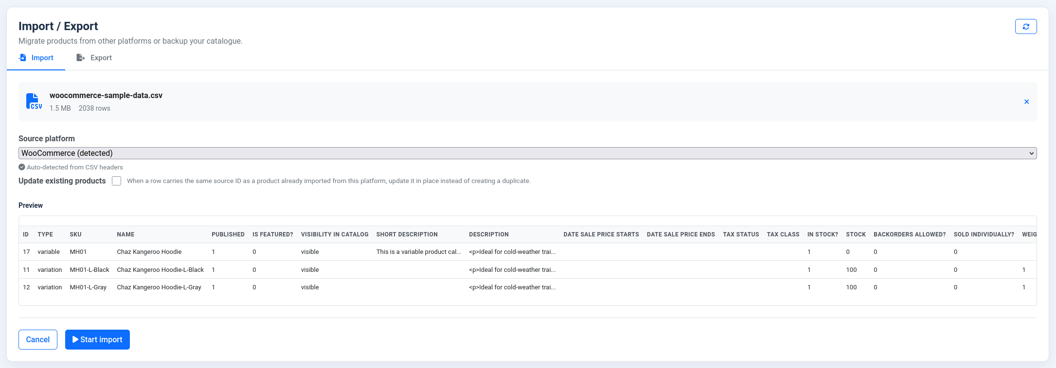 The NXCart import screen with a CSV loaded, the source platform auto-detected, and a preview of the rows.