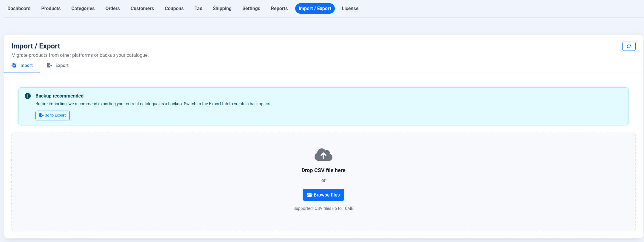 The CSV upload area showing the source platform automatically detected from the file headers.