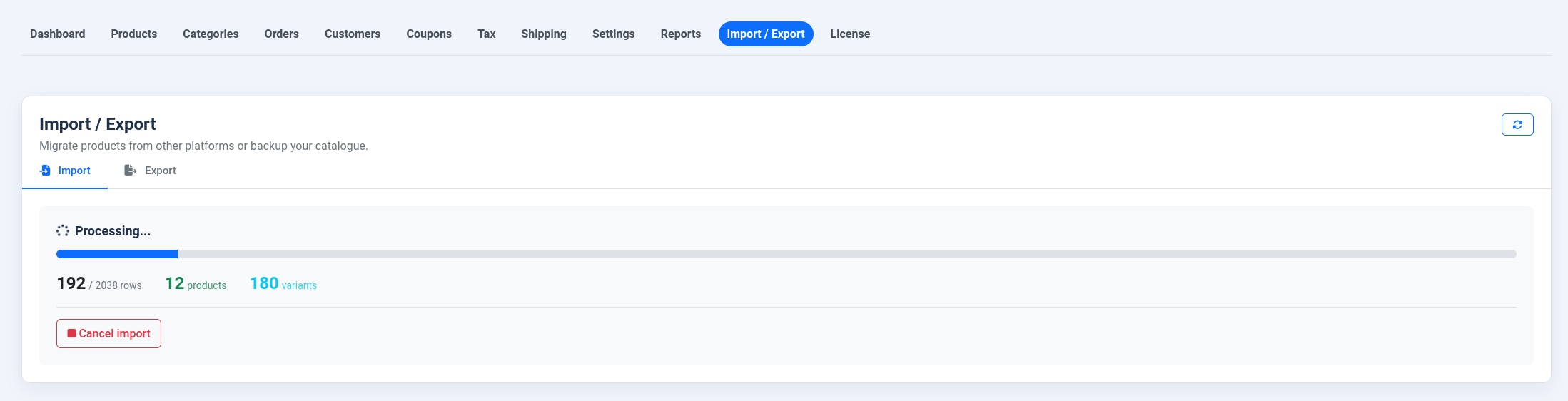 The import running with live counts of imported, skipped, and errored rows.
