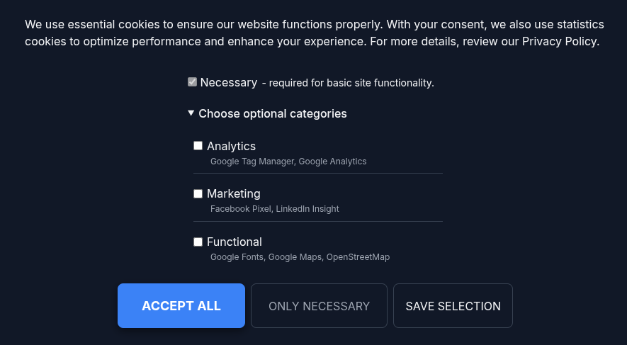 The NexusConsent banner on a Joomla site frontend showing Accept, Decline, and category options.