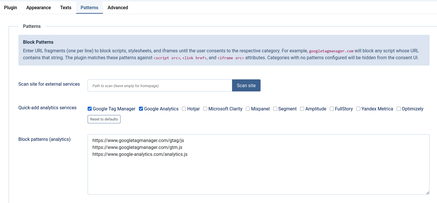 The Patterns tab with analytics quick-add checkboxes ticked and the resulting URL patterns shown in the textarea.