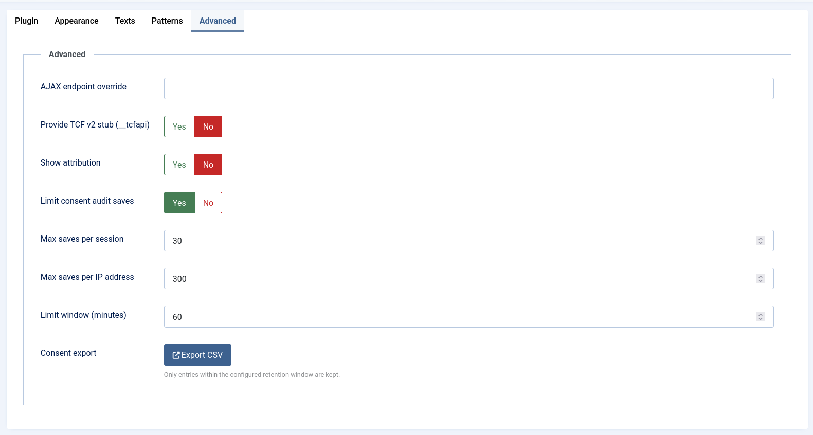 The NexusConsent Advanced tab showing the audit save limits and the consent export controls.