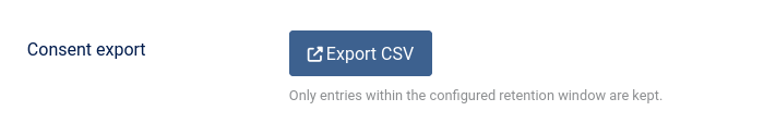 The Consent export field on the Advanced tab with the Export CSV button.