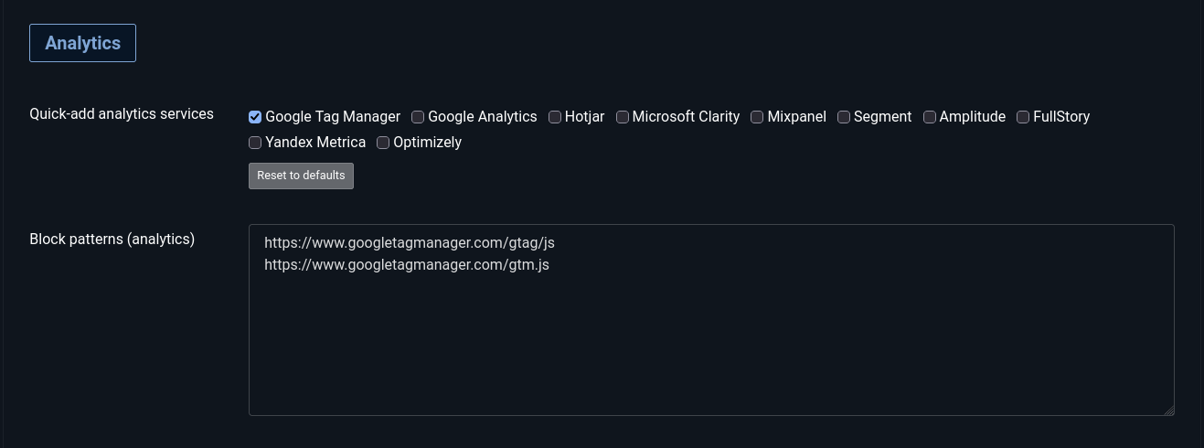 NexusConsent Patterns tab with only Google Tag Manager selected under Quick-add analytics services; Block patterns (analytics) lists the gtag/js and gtm.js loader URLs.