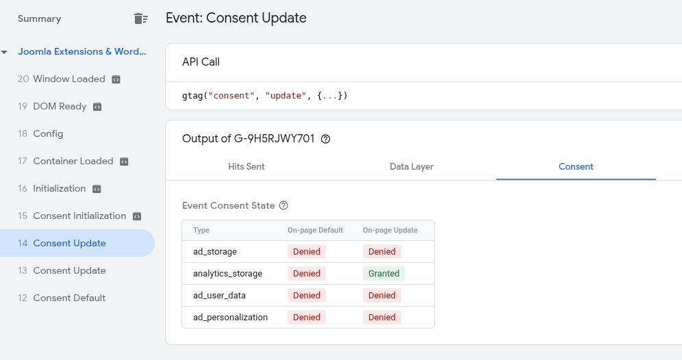 Tag Assistant Consent tab after an Analytics-only choice: every value is denied by default, and the update grants analytics_storage while ad_storage, ad_user_data and ad_personalization stay denied.