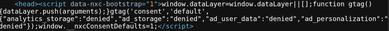 Page source: the data-nxc-bootstrap script directly after the opening head tag, sending a consent default with analytics_storage, ad_storage, ad_user_data and ad_personalization all denied.