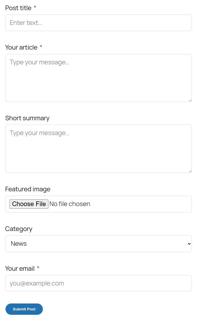 The finished post submission form on the frontend showing title, article body, and image upload fields.