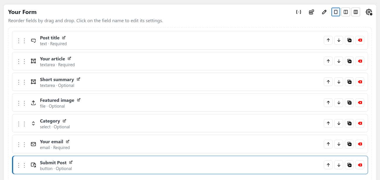The Formatrica form builder canvas with the six submission fields added.