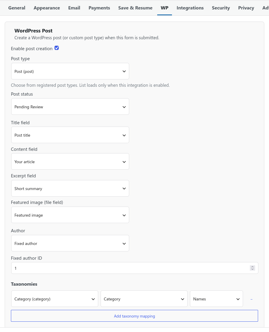 The WordPress Post integration panel with post type, status, and field mappings configured.