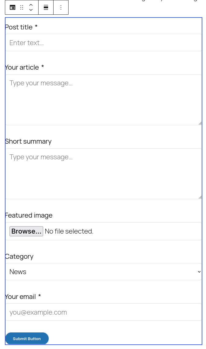The Formatrica block inserted on a page in the WordPress block editor with a form selected.