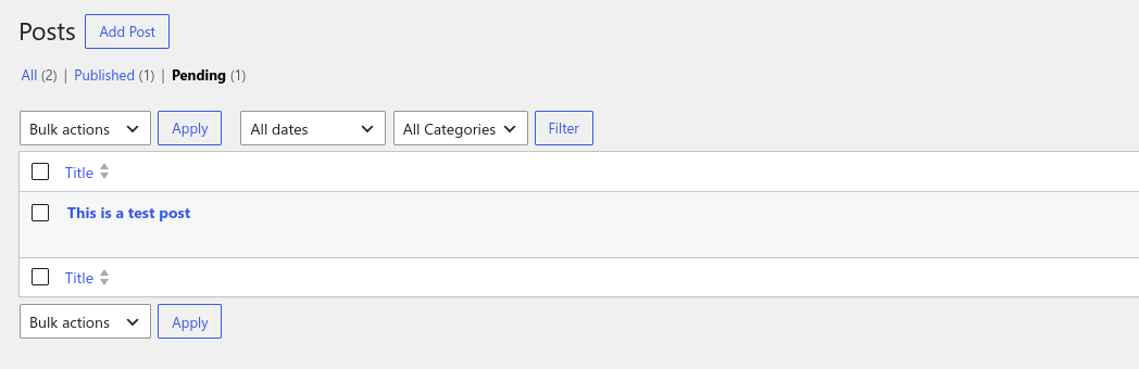 The WordPress posts list filtered to pending, showing a submitted article awaiting review.