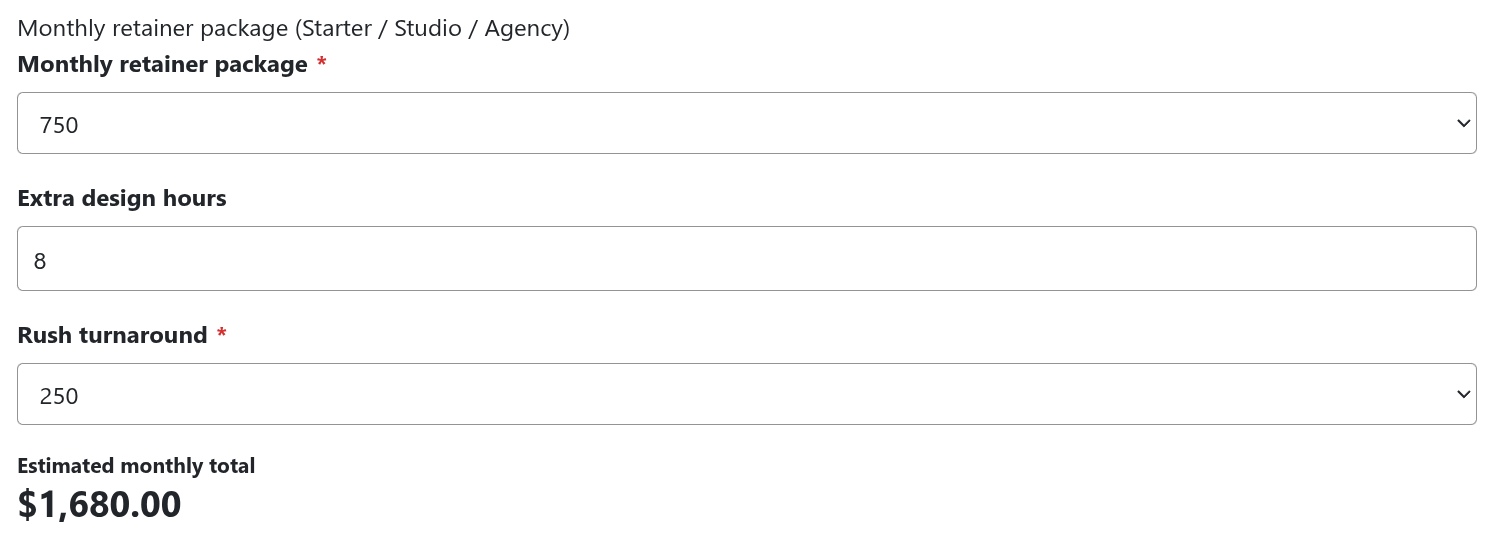The finished quote form on the frontend with a package selected and the calculated total displayed.