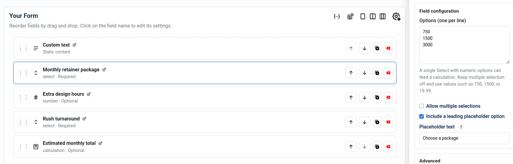 The Select field settings drawer showing three numeric options and the multiple selections toggle switched off.