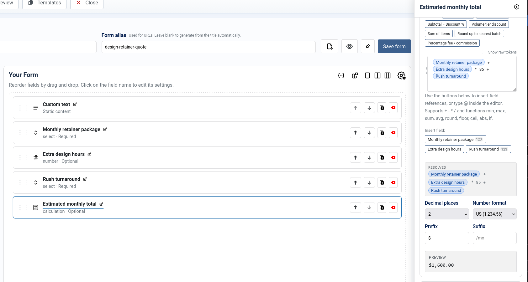 The Calculation field drawer with the formula built and the Resolved and Preview panels below it.