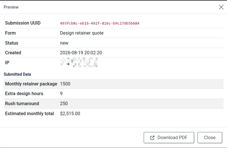 The submission detail screen showing the stored field values and the calculated total.