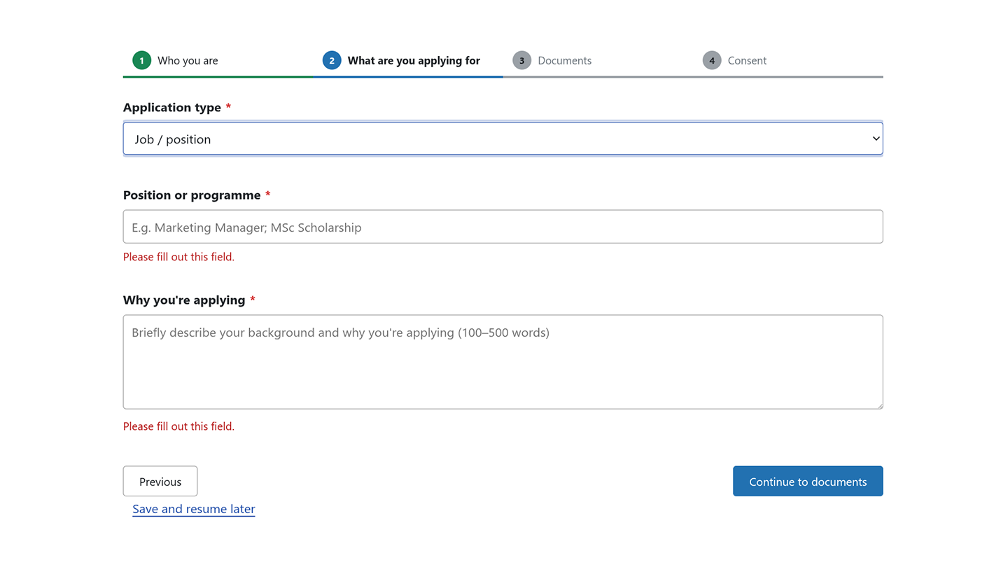Frontend form with Next clicked while a required field is empty, showing an inline error and staying on the same step