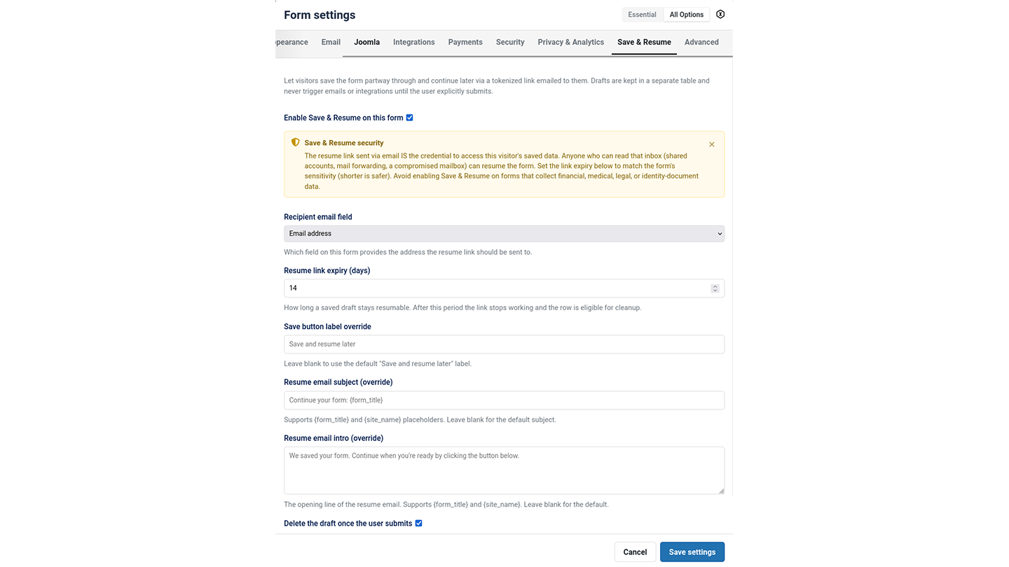 Form Settings Save and Resume panel with enabled toggle, email field picker, 14 day expiry and email copy filled in