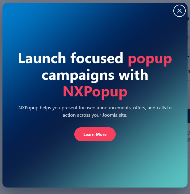 The NXPopup dialog open on a site frontend with a visible keyboard focus ring on the close button.