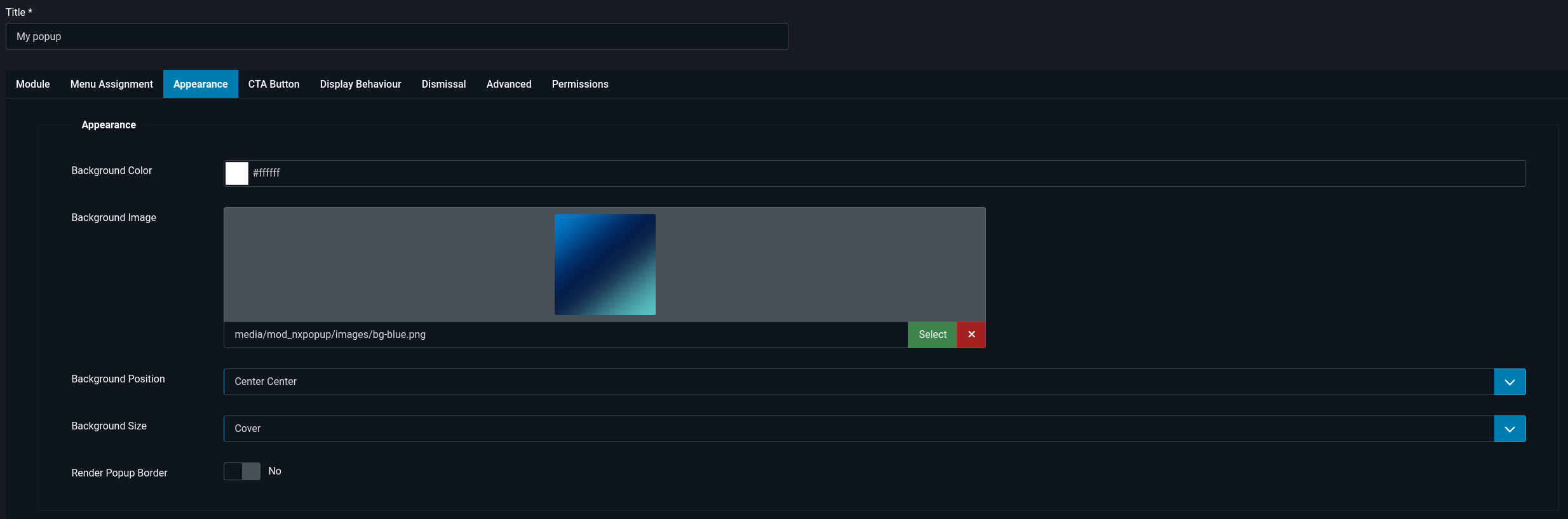 The Appearance tab of the NXPopup module showing the background and title highlight color pickers.