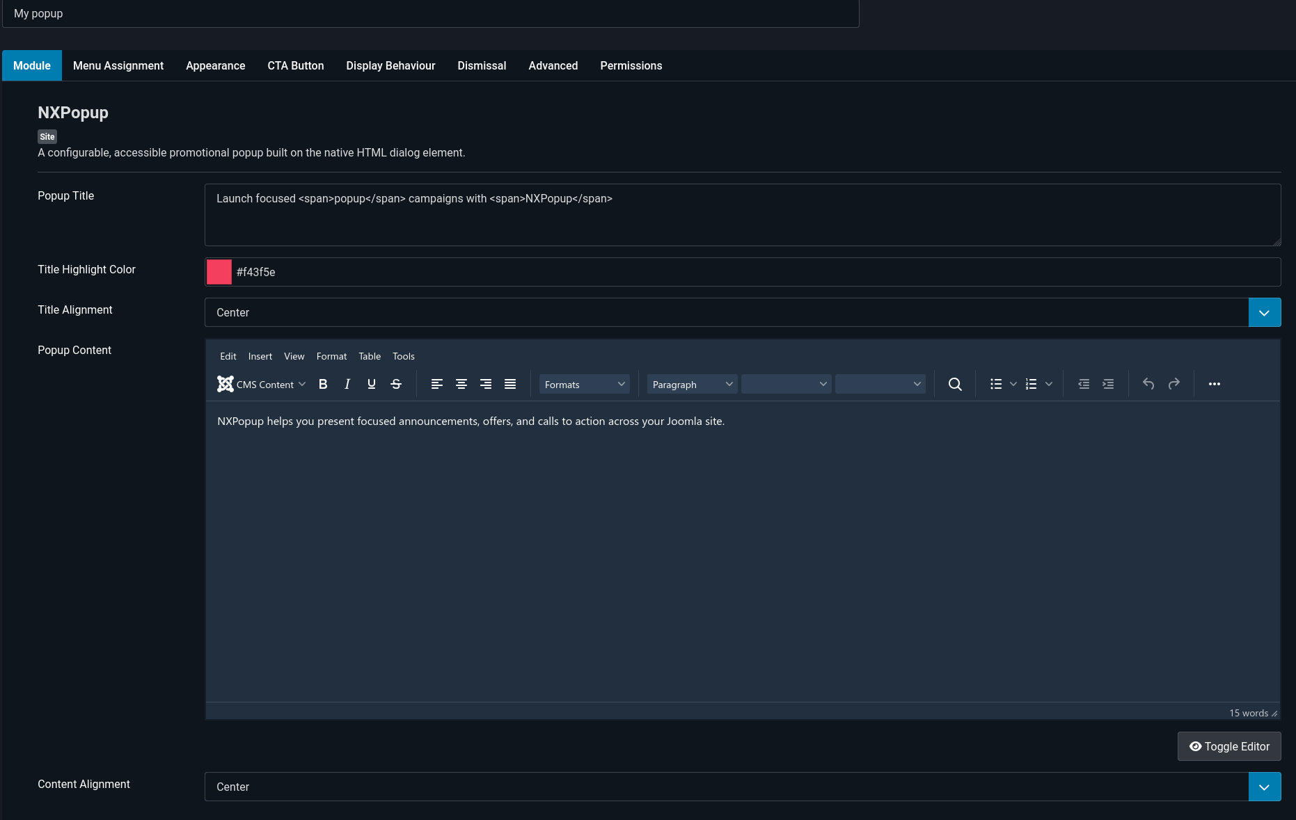 The Content tab of the NXPopup module with the popup title and content filled in.